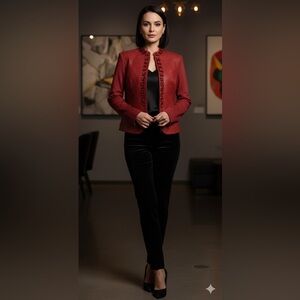 Peter Nygard Womens Quilted Ribbon‎ Red Leather Stretch Knit Jacket Medium 10 12